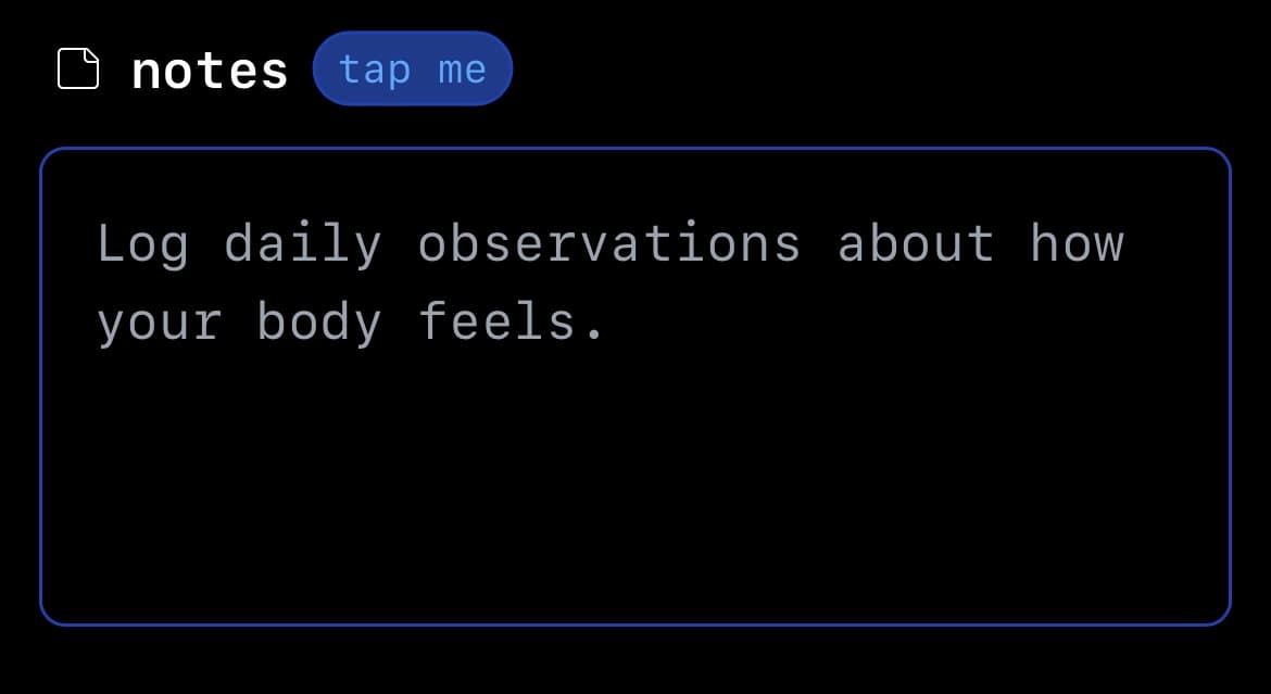 Notes interface showing 'Your body is weird. Take notes on it.' placeholder text