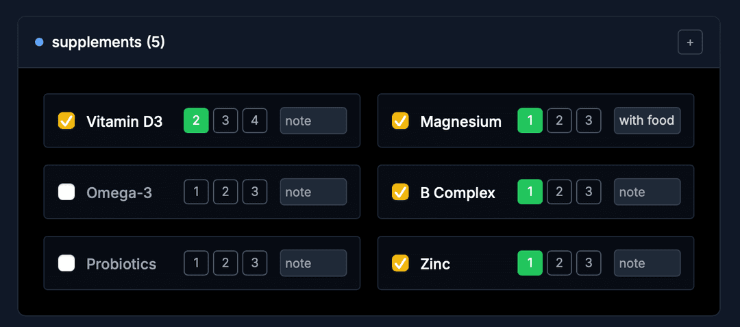 Supplement tracking interface showing custom supplements with quantity selection and notes